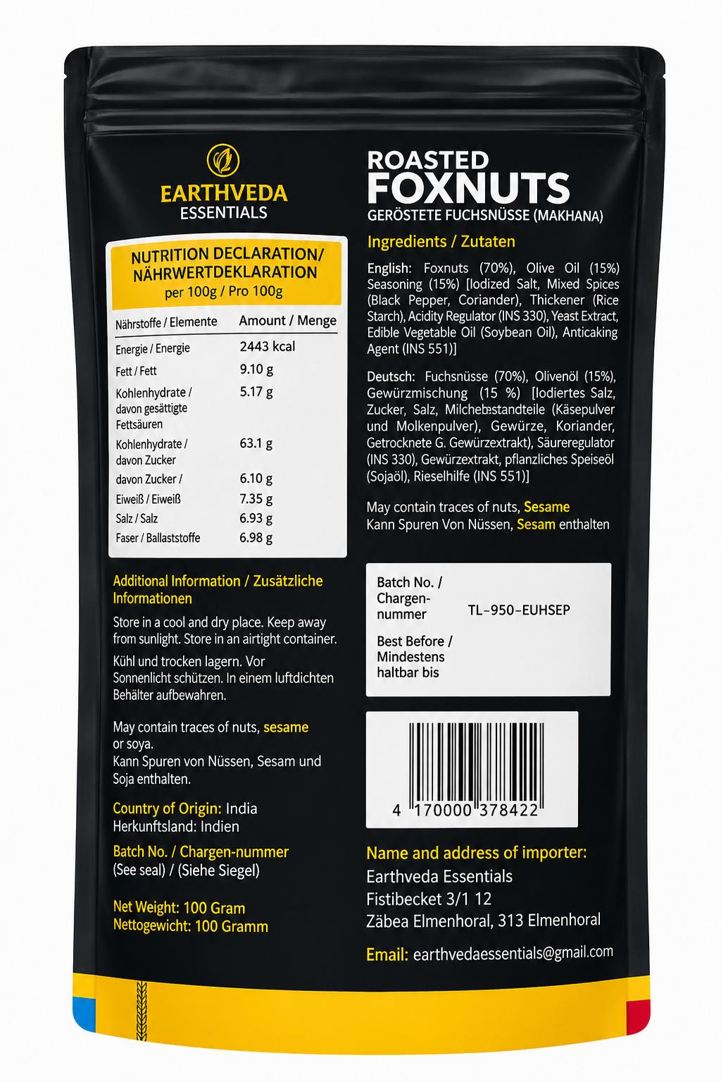 Earthveda Geröstete Fuchsnüsse (Makhana) – Himalayan Pink Salt & Black Pepper, 40 g