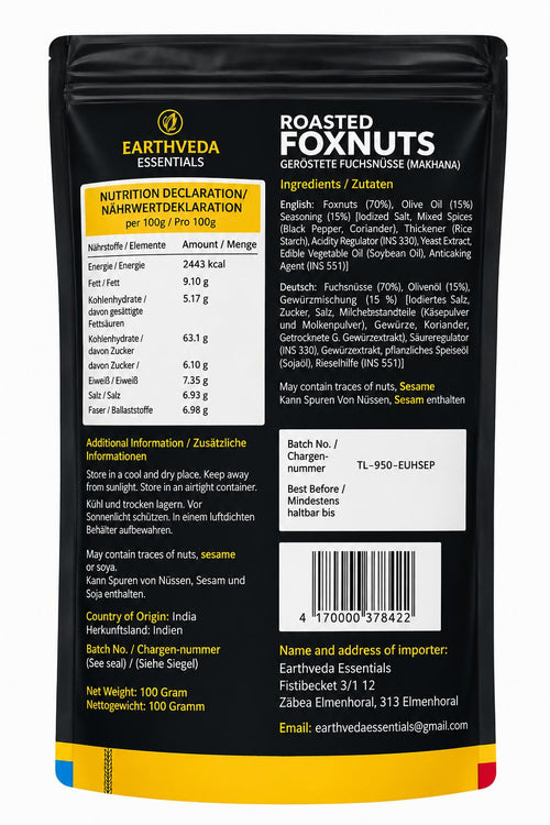 Earthveda Geröstete Fuchsnüsse (Makhana) – Himalayan Pink Salt & Black Pepper, 40 g