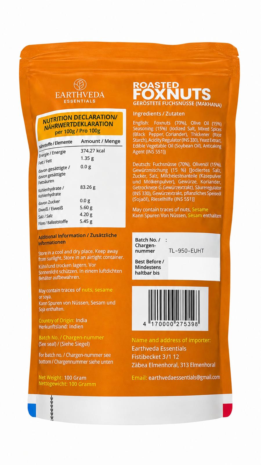 Earthveda Geröstete Fuchsnüsse (Makhana) – Punjabi Tadka, 40 g